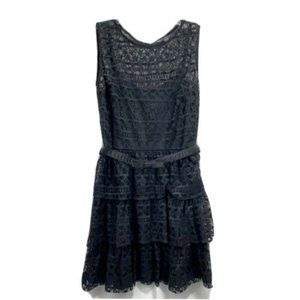 JULIO Womens Midi Lace Dress Black Boat Neck Cocktail Prom Belted Lined Size 6